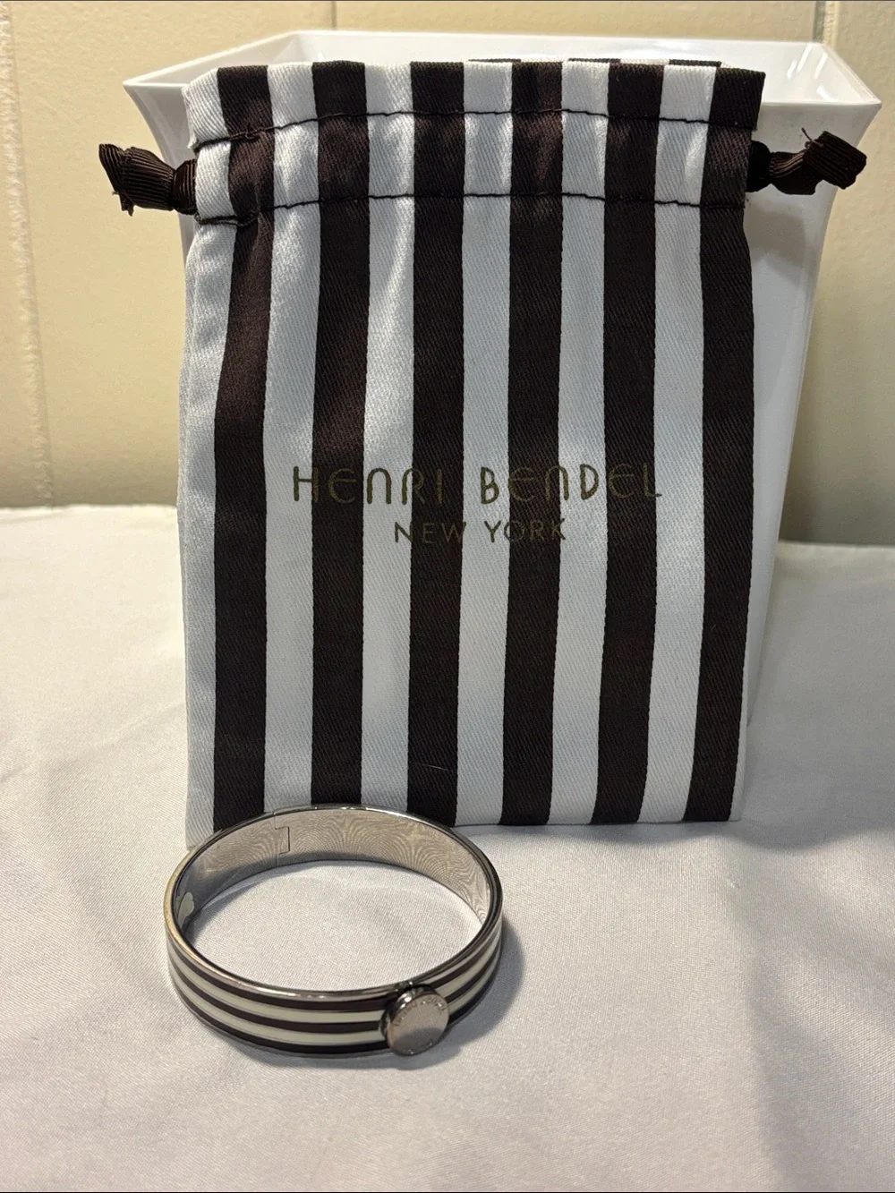 EUC Henri Bendel Centennial Stripe Enamel Hinged Bangle Bracelet with Bag